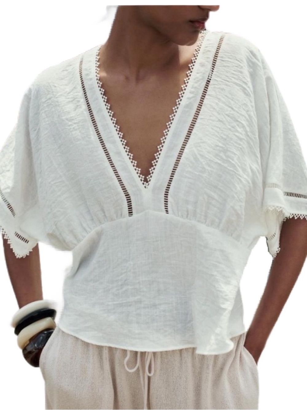 Zara White Kimono Blouse with Lace Inserts Size XS